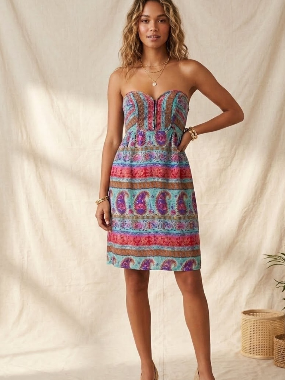 Anthropologie Maple Silk Paisley Strapless Smocked Dress Size 10